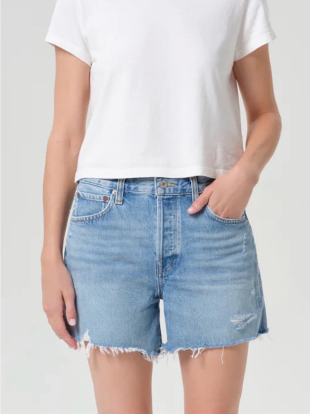 NWT Agolde Parker Long Swapmeet Light Blue Distressed Denim Cutoff Shorts SZ 27 - Picture 4 of 16